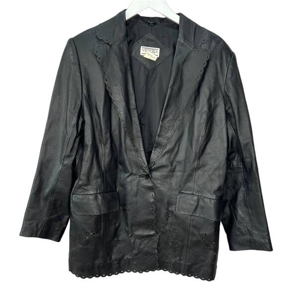 Venezia Jackets & Blazers - Vintage Venezia Vitale Lazer Cut Eyelet Leather Jacket Black Size XL Womens